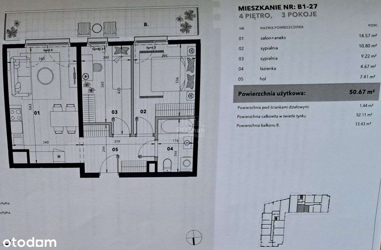 3 pok, duży balkon 13m2, Marcelińska 18-14