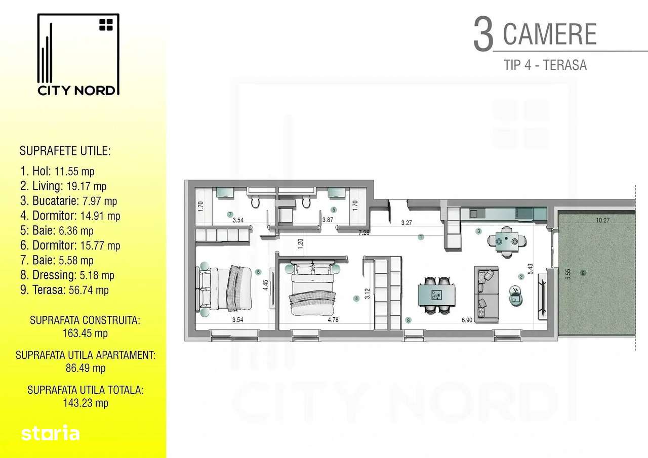 Penthouse 3 camere 86mp cu terasa panoramica de 56mp, Lift, Centrala-12