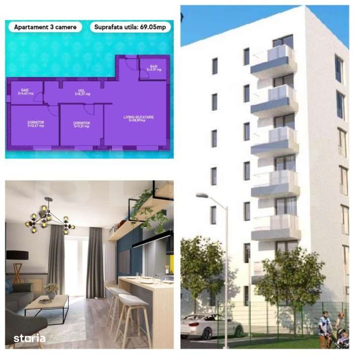 Apartament 3 camere, 69 mp utili, Asamblu rezidential zona Cornitoiu - Imagine principală: 1/2