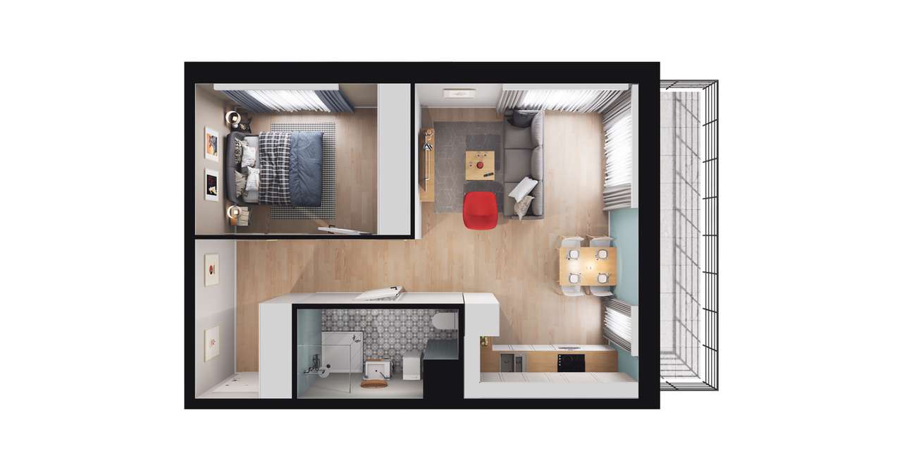 2-pokojowe mieszkanie 46m2 + balkon - Pełny obrazek: 2/8