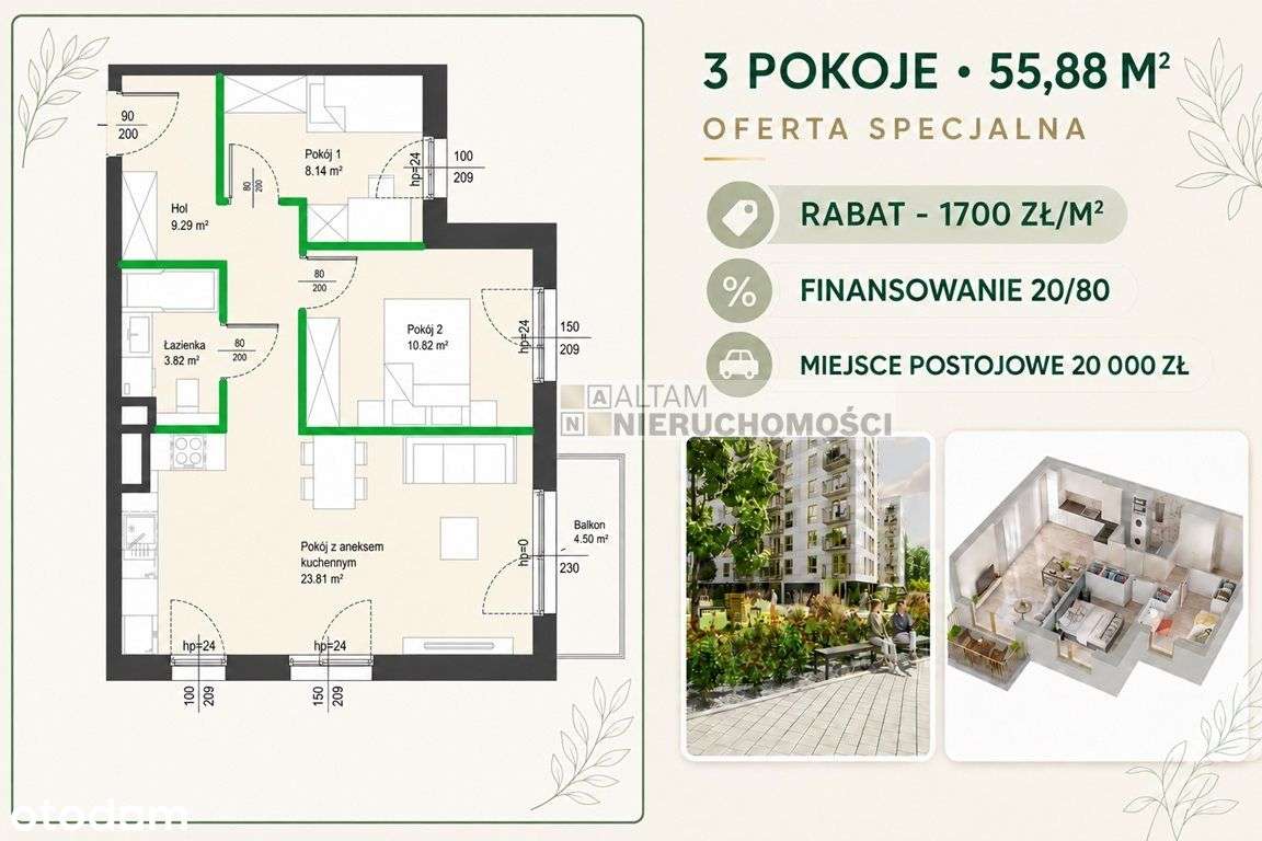 3pok 56m2 balkon|-1700zł/m2|park|20/80|0%