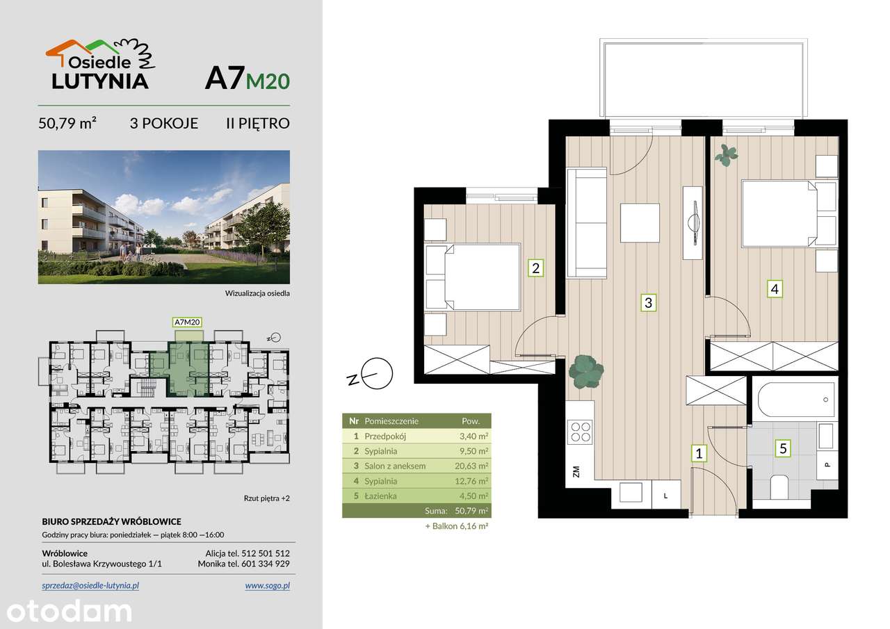 Kup, wykończ i rządź! 50,79 m² z balkonem 6,16 m², 3 pokoje (lokal A7M20)
