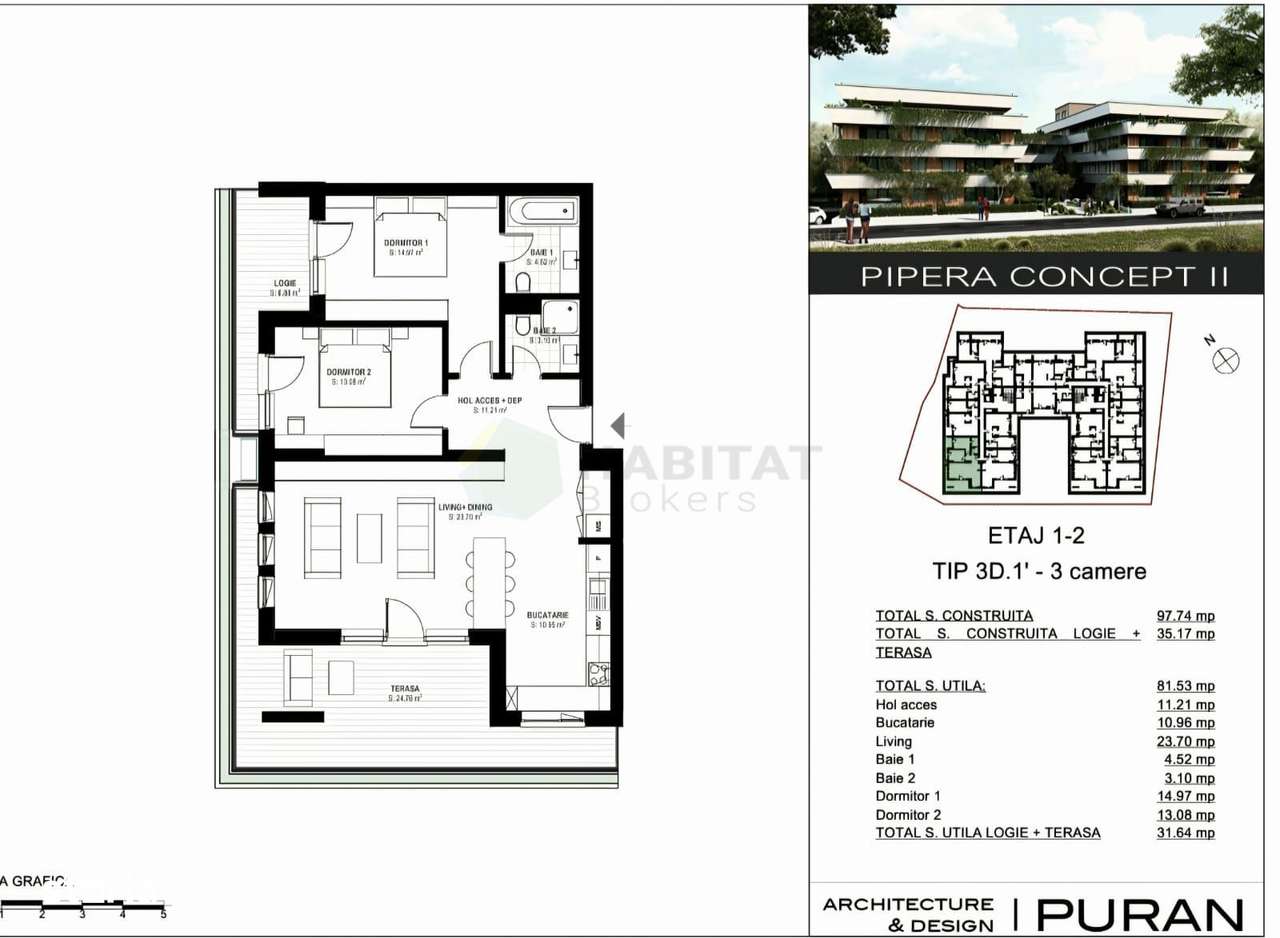 Apartament 3 camere | 81.53 mp utili + terasă 35 mp  PIPERA CONCEPT II - Imagine principală: 3/20