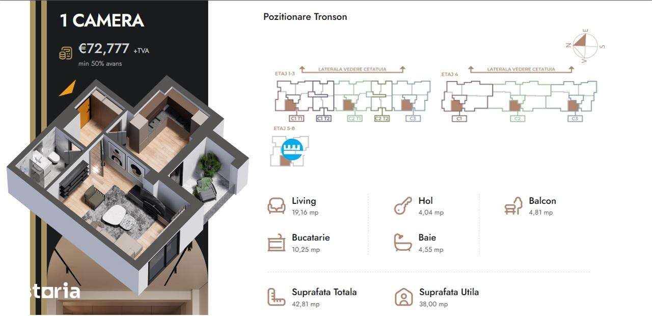 Apartament 1 camera,42.55 mp,bloc nou,zona Nicolina Selgros - Imagine principală: 4/9