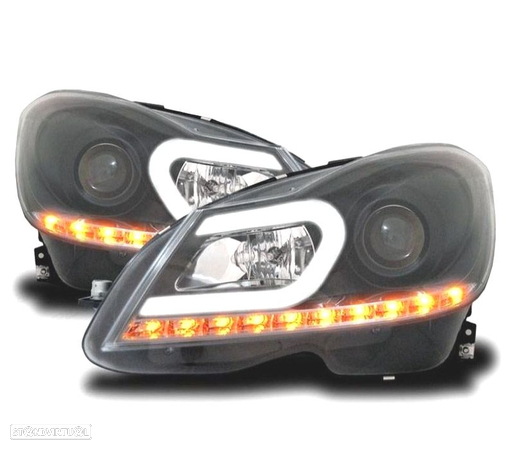 FAROIS FRONTAIS PARA MERCEDES W204 11-14 TUBE LIGHT + LED FUNDO PRETO - 2