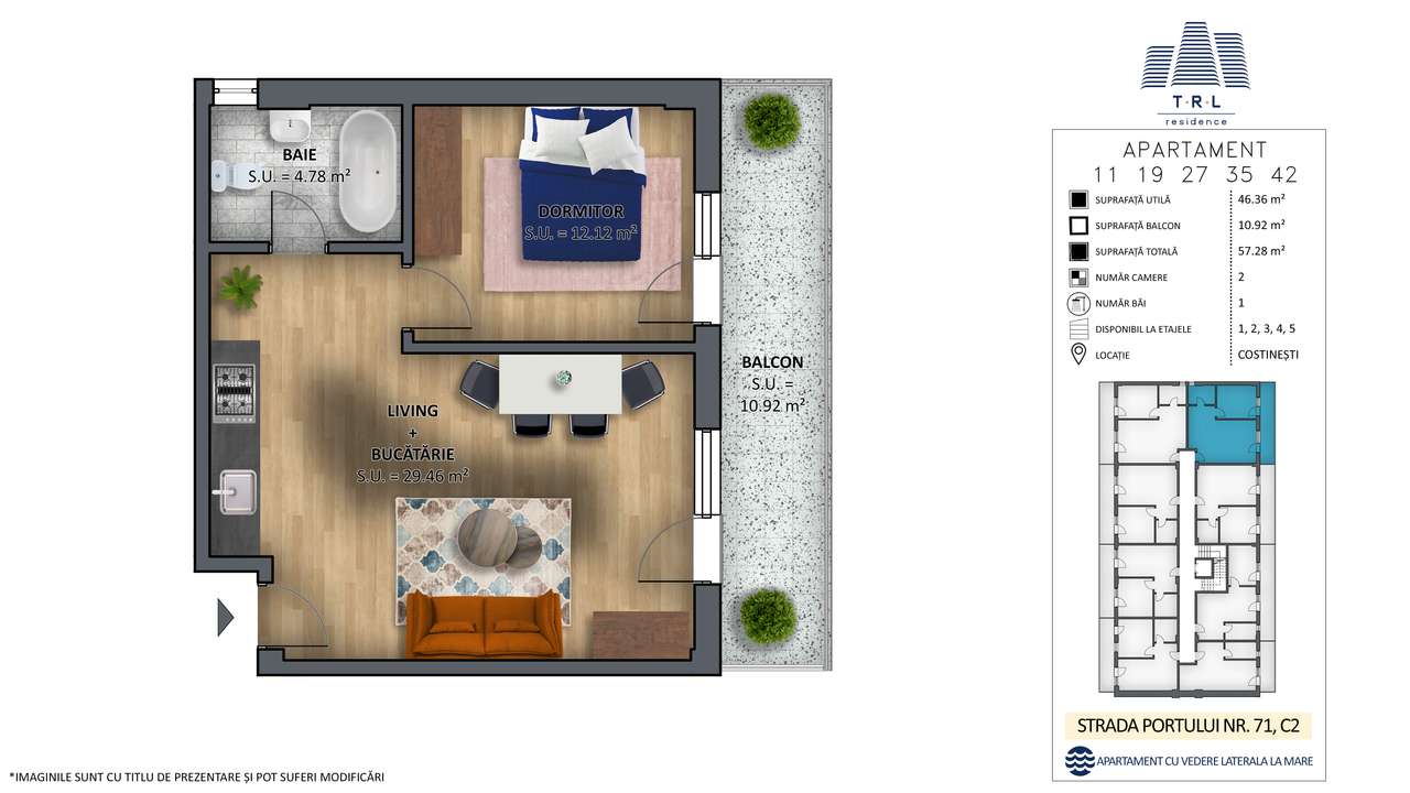 Apartament 35-C2, 2 camere,prima linie cu vedere la mare,Costinesti - Imagine principală: 5/5