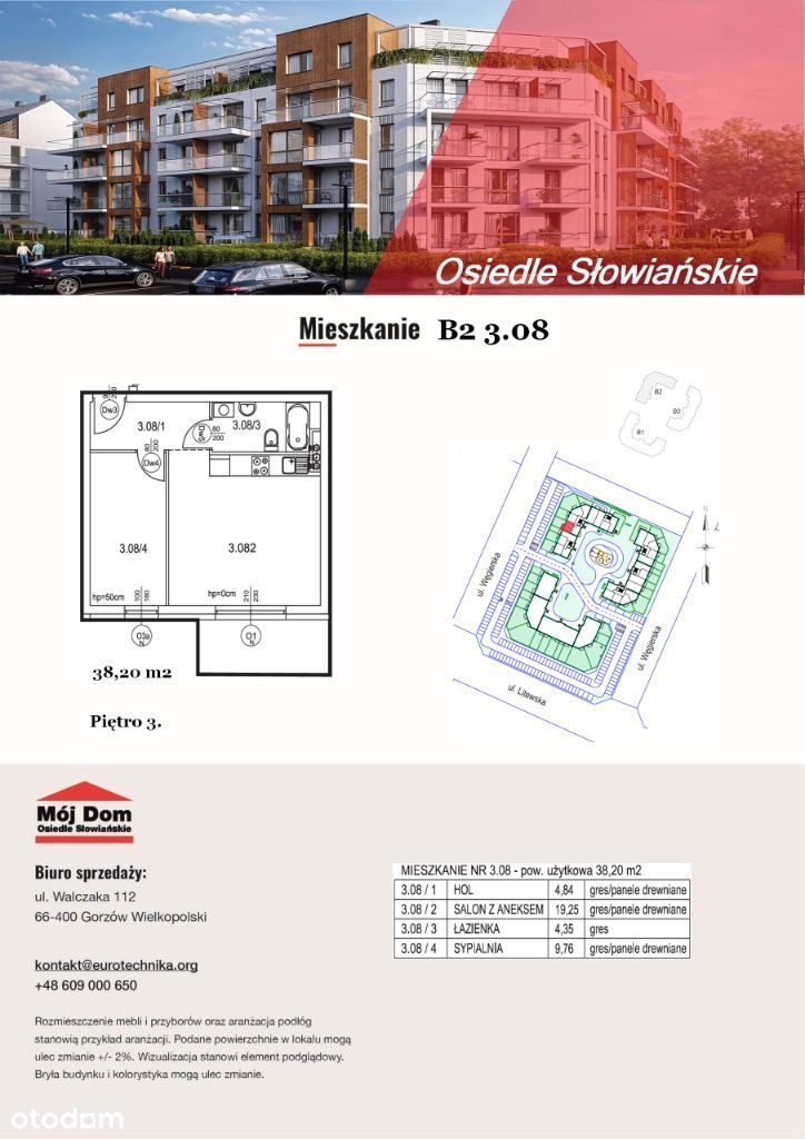 Nowe mieszkanie 38,2 m2, 3. piętro, 2 pok. B2 3.08