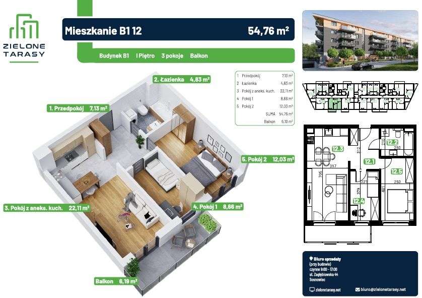 54,76 m2 - 3-pok. - balkon- PROMOCJA 7200 ZŁ/M2 OBOWIĄZUJE DO 30.11.25 - Pełny obrazek: 1/13