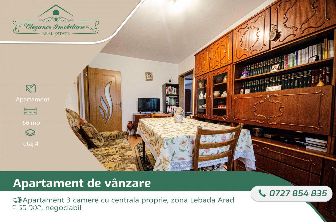 Apartament 3 camere cu centrala proprie, zona Lebada, Arad