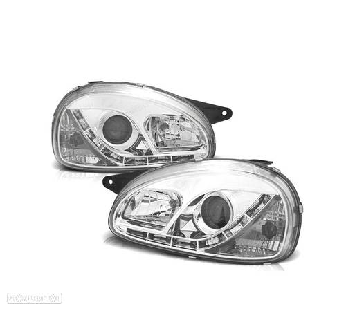 FARÓIS COM LUZ DIURNA LED PARA OPEL CORSA B 93-00 FUNDO CROMADO - 1