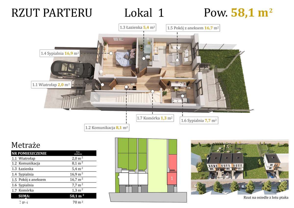 3-pokojowe mieszkanie 58,1m2 wraz z garażem i ogródkiem 70m2 W CENIE-3