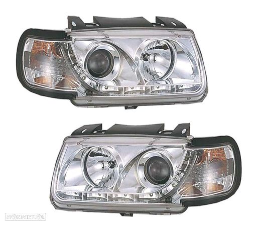 FARÓIS COM LUZ DIURNA LED PARA VOLKSWAGEN VW POLO 94-99 FUNDO CROMADO - 1