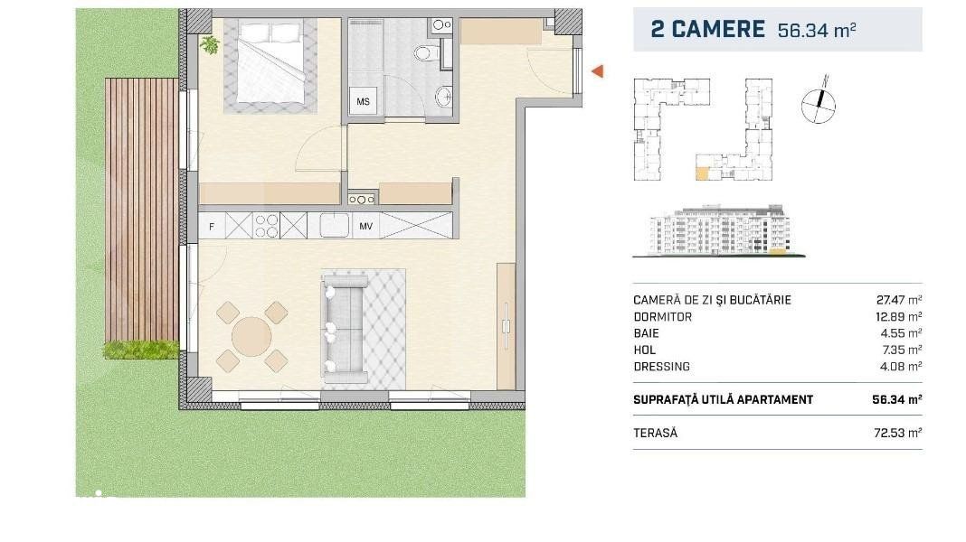 Apartament finisat, 2 camere cu gradina, orientare sud-vest