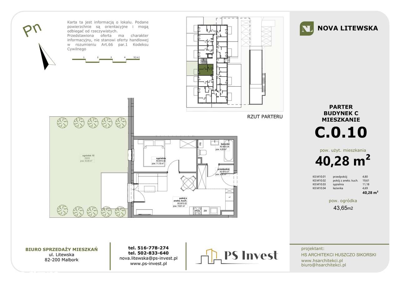 Nowe 2 pokoje 40 m² + OGROMNY OGRÓDEK (43,6 m²) (lokal C10)