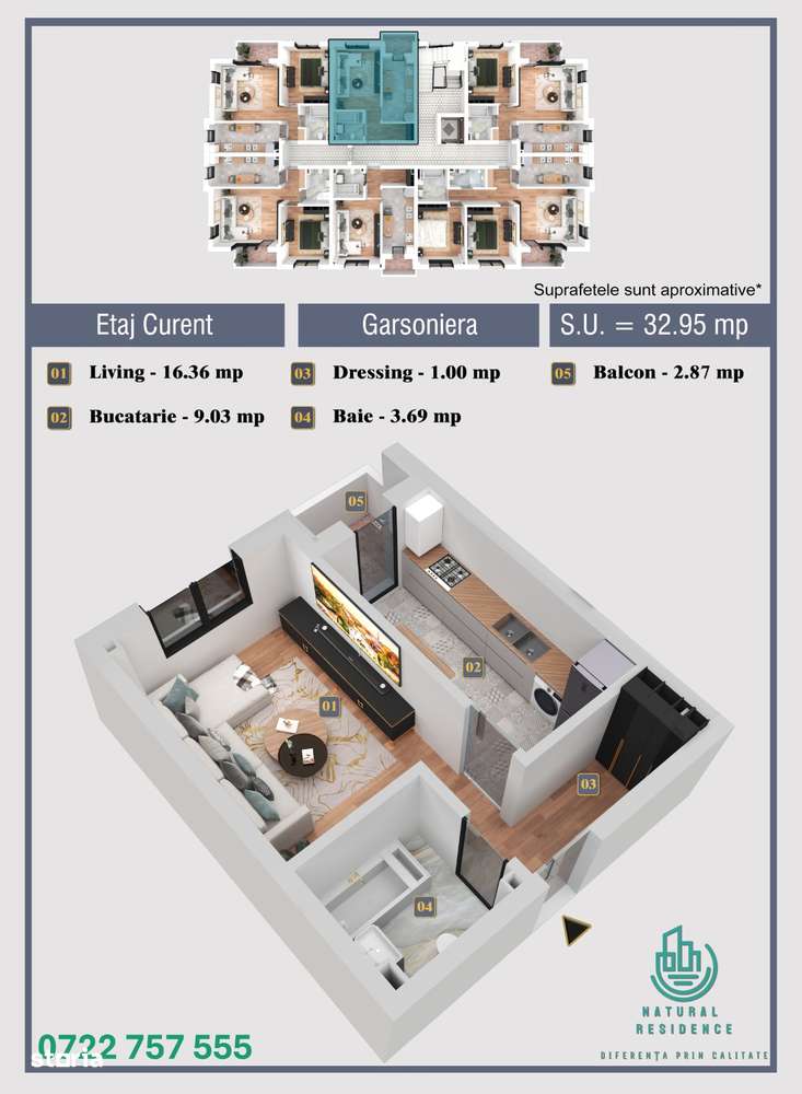 Garsoniera - 33mp -Decomandata - Militari Residence-11