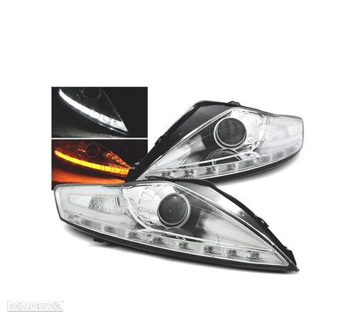 FARÓIS FRONTAIS PARA FORD MONDEO MK4 07-10 LUZ DIURNA +PISCA LED FUNDO CROMADO - 1