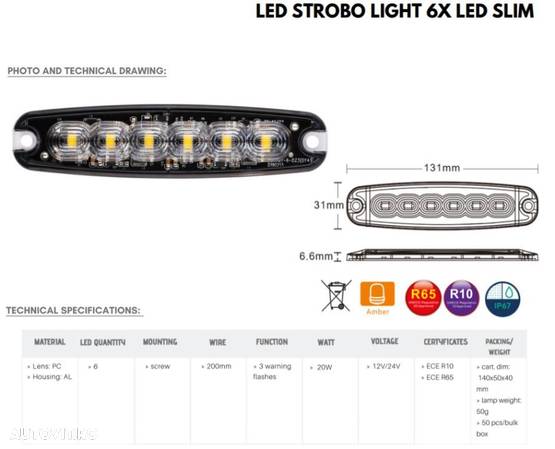 Stroboscop Slim, Lampa Speciala De Avertizare, Galbena, 6 LED-uri, 131mm, cu sincronizare - 5