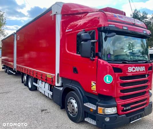 Scania R410 HIGHLINE 6x2 JUMBO OŚ PODNOSZONA AUTOMAT RETARDER STANDKLIMA FIRANKA DŁ:7.80m + PRZYCZEPA TANDEM WIELTON FIRANKA DŁ:7.80m NOWE PLANDEKI ZESTAW PRZEJAZDOWY EURO 6 2015 IGŁA - 6