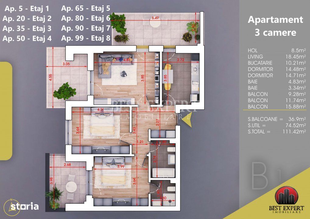 Apartament 3 camere Dormitor Matrimonial Loc de parcare subteran Bonus