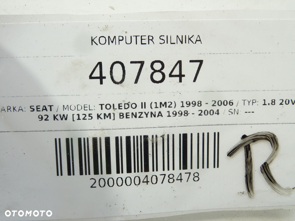 KOMPUTER SILNIKA SEAT TOLEDO II (1M2) 1998 - 2006 1.8 20V 92 kW [125 KM] benzyna 1998 - 2004 - 4