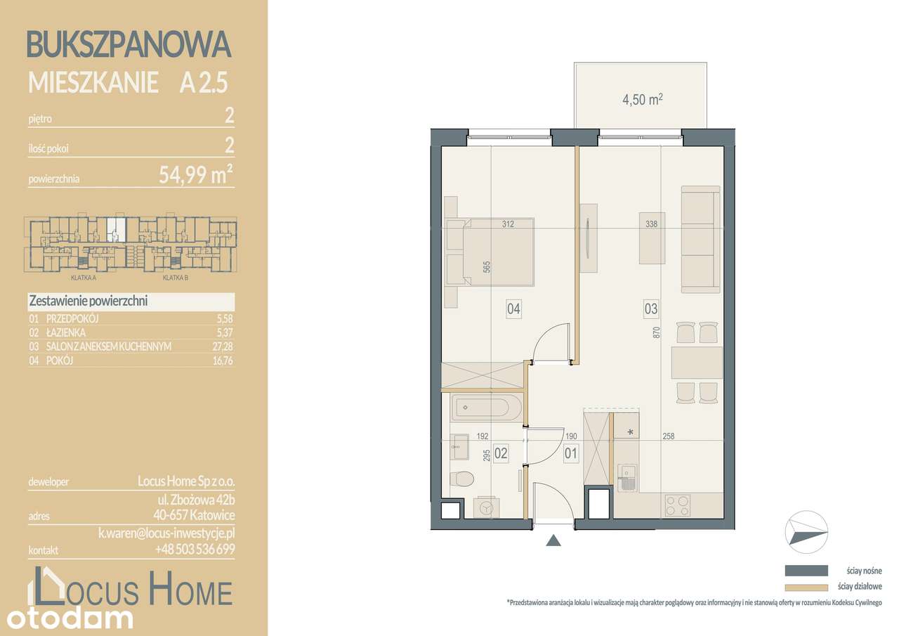 2-pokojowe mieszkanie 54m2 + balkon Bezpośrednio - Pełny obrazek: 2/7