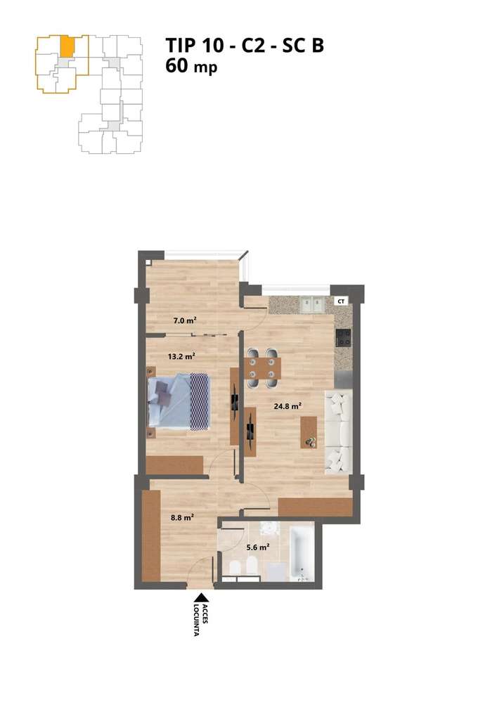 Proiect NOU -- Sun Residence -- Apartament 2 camere - TIP 10 - 60 Mp - Imagine principală: 2/20