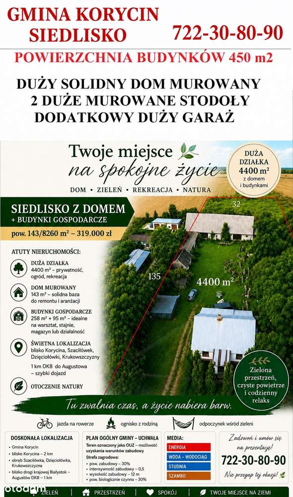 GMINA KORYCIN - SIEDLISKO Z DOMEM I BUDYNKAMI - pow. 450/8260 m2-0