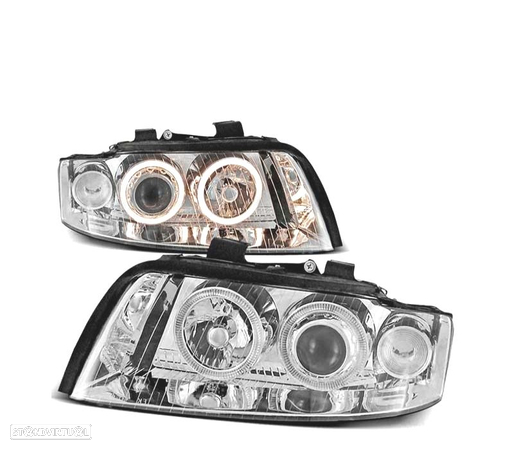 FARÓIS FRONTAIS ANGEL EYES PARA AUDI A4 00-04 CROMADO - 1