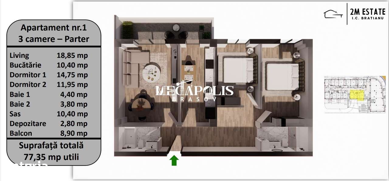 Apartament 3 camere | 77 MP Utili | Tractorul | Bloc Nou - Imagine principală: 3/15