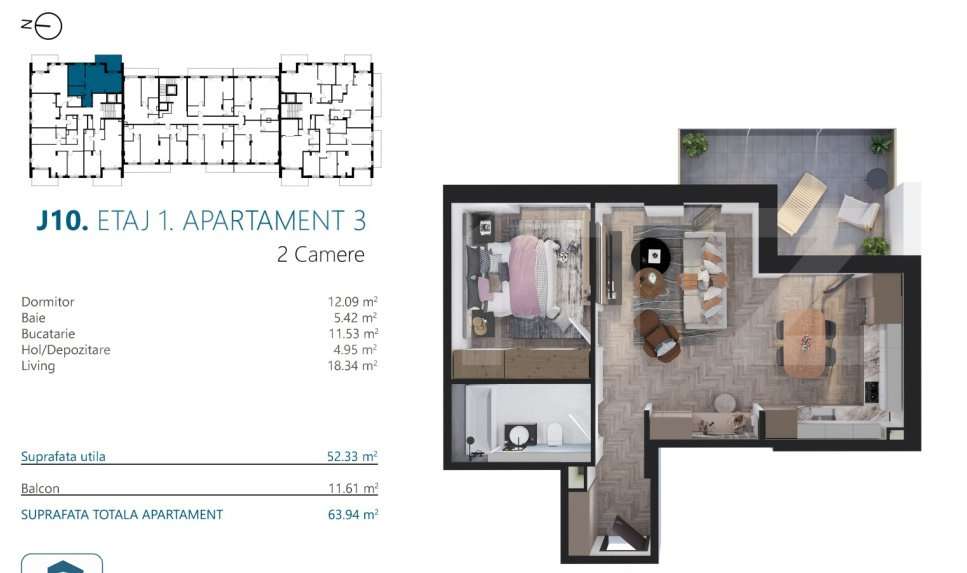 Ap. 2 camere[52 mp] Ansamblu Rezidential_zona RIVUS - Imagine principală: 2/13