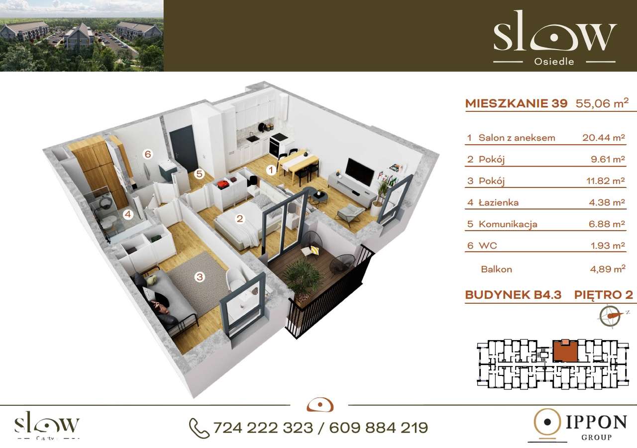 Mieszkanie z dużym poddaszem - 3 pokoje - osiedle SLOW - B4.3_M39 - Pełny obrazek: 2/11