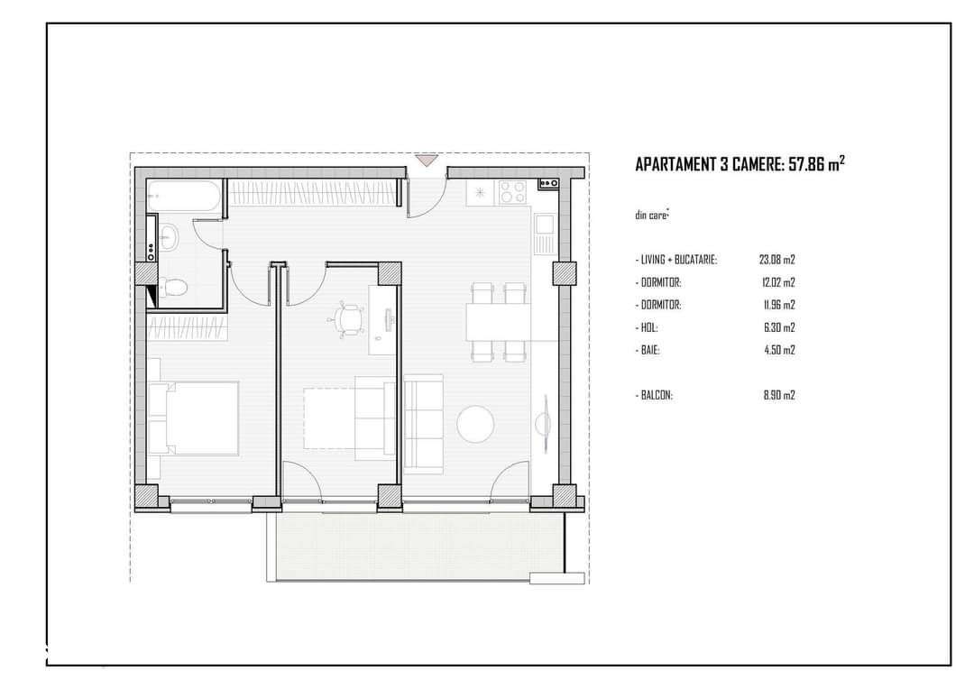 57,86 mp + balcon 9 mp Etaj 2 Str Stelelor, Cluj - Baciu ,Bloc Nou - Imagine principală: 3/9
