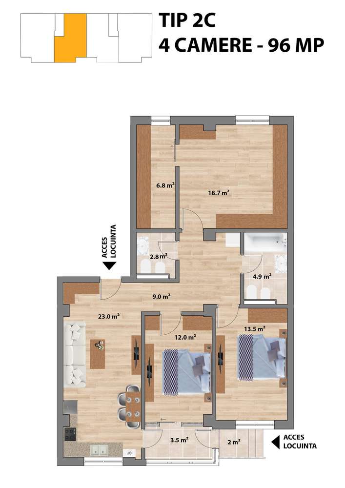 Sun Residence - Ap Nou - 4 camere-96 Mp - Grădină 43 Mp - Intabulat-17