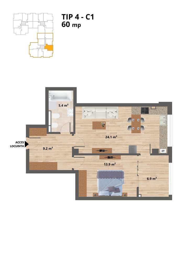 Proiect NOU -- Sun Residence -- Apartament 2 camere - TIP 4 - 60 Mp - Imagine principală: 4/20