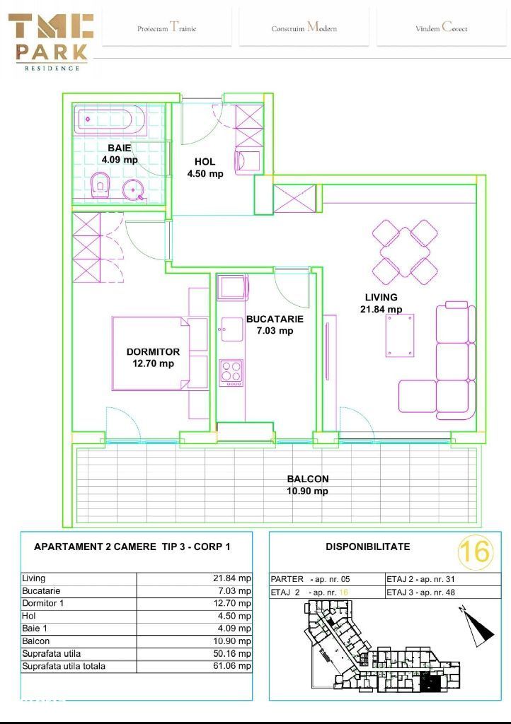 Apartament de 2 camere Proiect nou