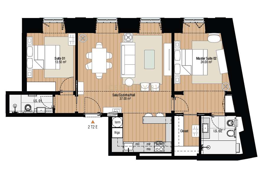 Luminoso T2 com varanda e arquitetura contemporânea.-3