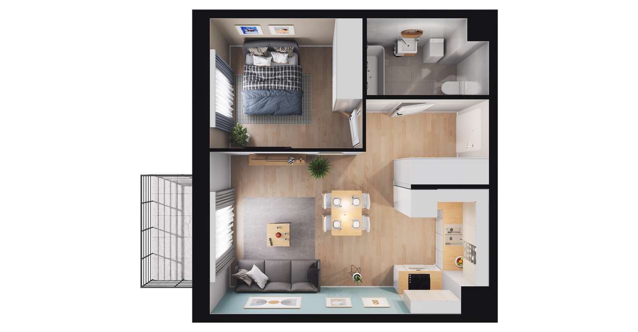 2-pokojowe mieszkanie 41m2 + balkon - Pełny obrazek: 2/8