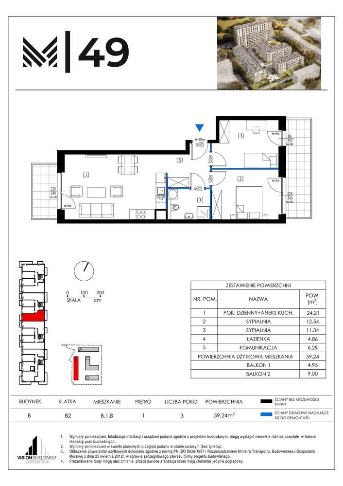 3-pokojowe mieszkanie 59m2 + 2 balkony - Pełny obrazek: 2/9