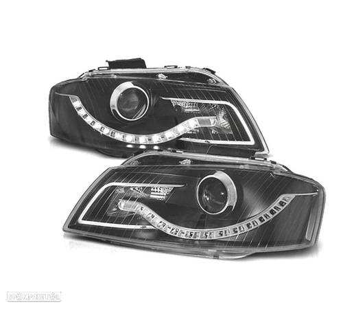 FAROIS FRONTAIS PARA AUDI A3 8P LUZ DIURNA LED FUNDO PRETO - 1