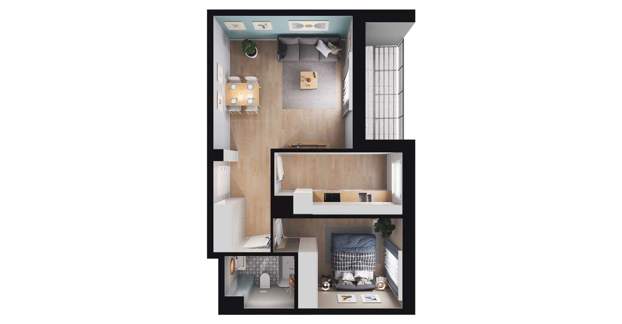 2-pokojowe mieszkanie 43m2 + loggia Bezpośrednio - Pełny obrazek: 2/8