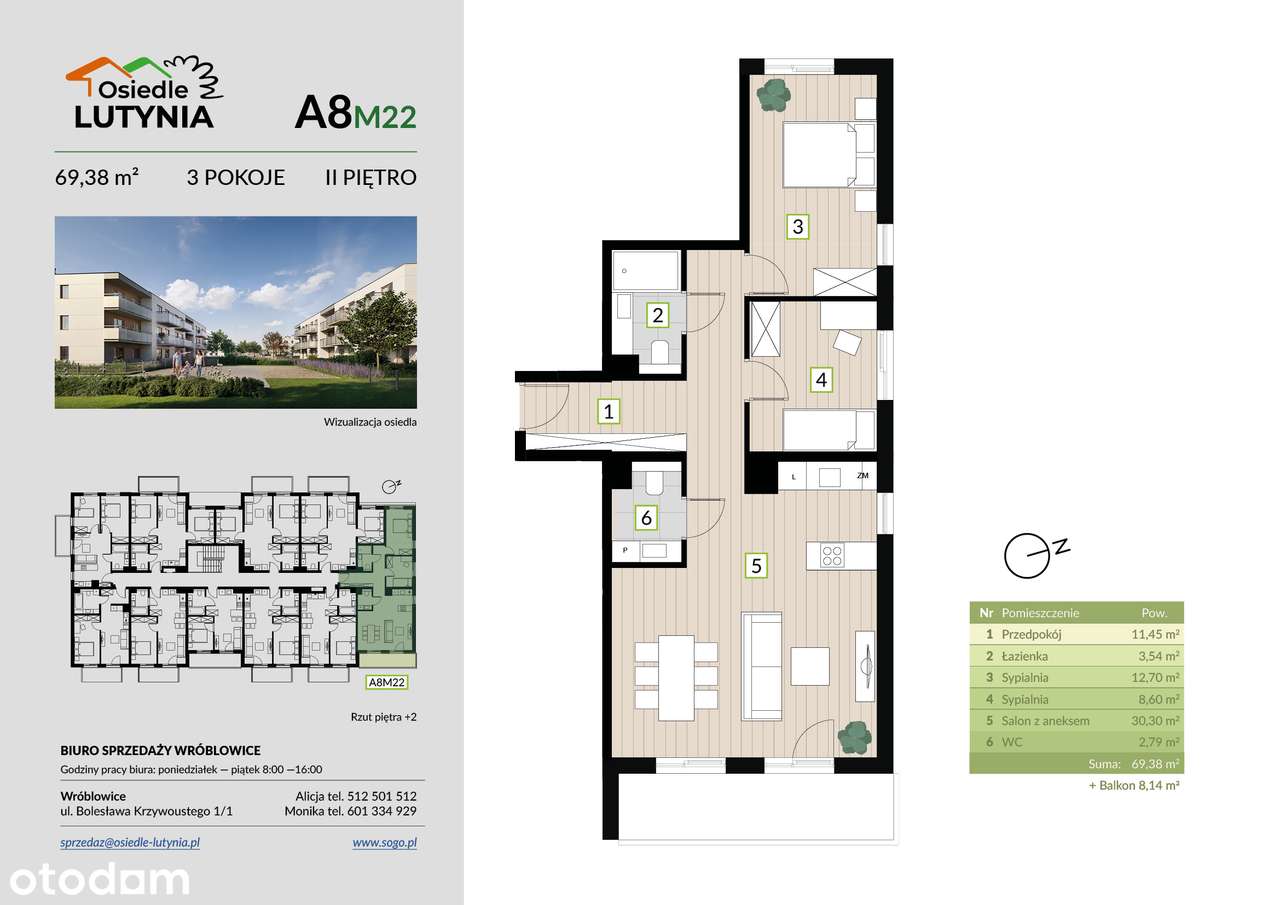 3 pokoje | 69,38 m² | 2 łazienki | duży balkon| stan deweloperski (lokal A8M22)
