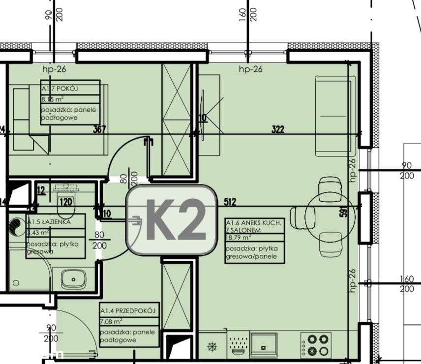 Mieszkanie 37,45 m2 - 2 pokoje - Pełny obrazek: 2/4