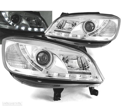 FARÓIS COM LUZ DIURNA LED PARA OPEL ZAFIRA 99-05 FUNDO CROMADO - 1