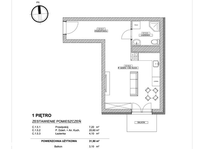 Mieszkanie, 31,90 m², Szczecin