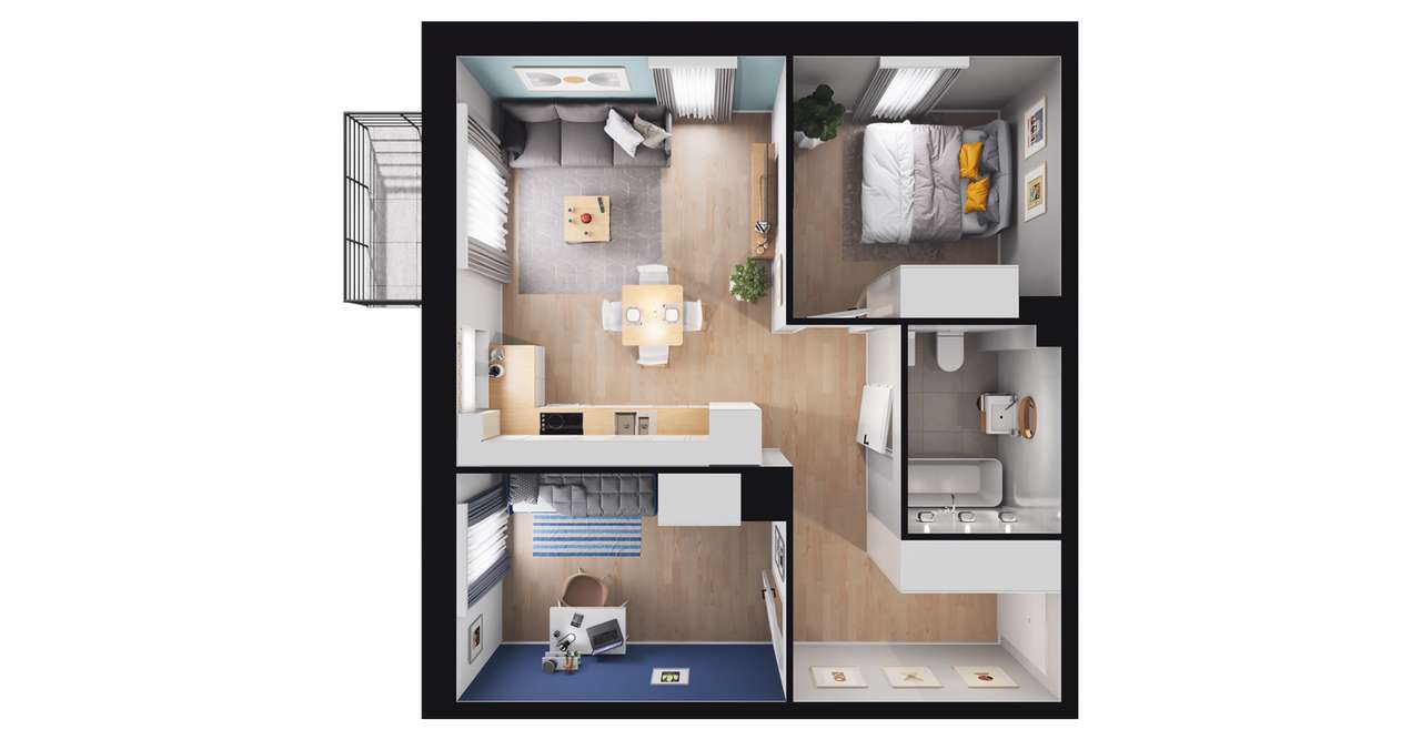 3-pokojowy apartament inwestycyjny 47m2 + balkon - Pełny obrazek: 2/8