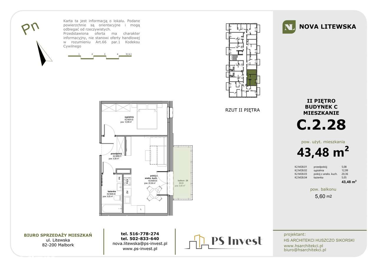 Przestronne 2 pokoje (43,5 m²)! Wielki salon 20 m² | 2. piętro (lokal C28)