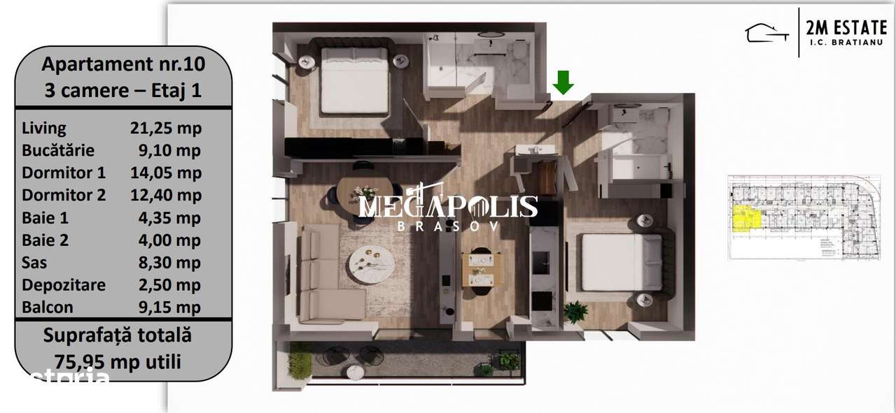 Apartament 3 Camere | 76 MP Utili | Tractorul | Bloc Nou - Imagine principală: 3/13