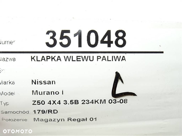 KLAPKA WLEWU PALIWA NISSAN MURANO I (Z50) 2002 - 2009 3.5 4x4 172 kW [234 KM] benzyna 2003 - 2008 - 4