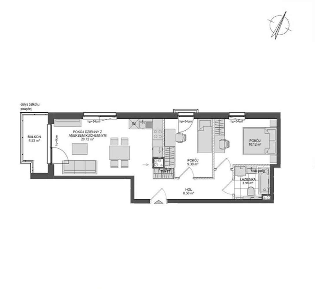 53 m2 Gdańsk Siedlce: 3 pokoje, 1 piętro, ekspozycja zachodnia-3