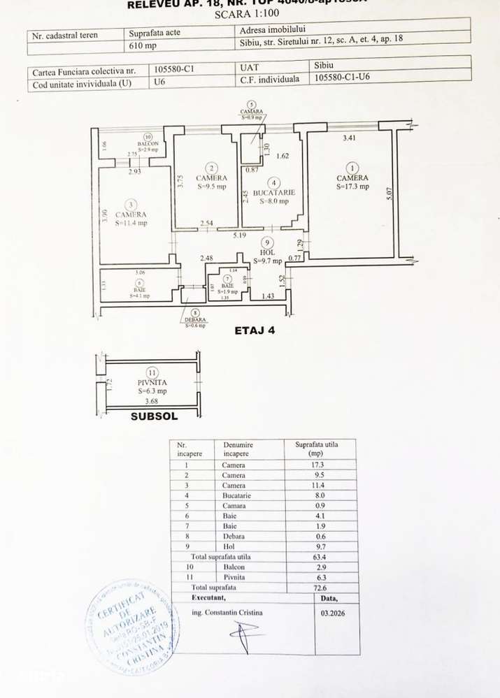 COMISION 0% Apartament 3 camere decomandate/2 bai/balcon/pivnita/Siret-17
